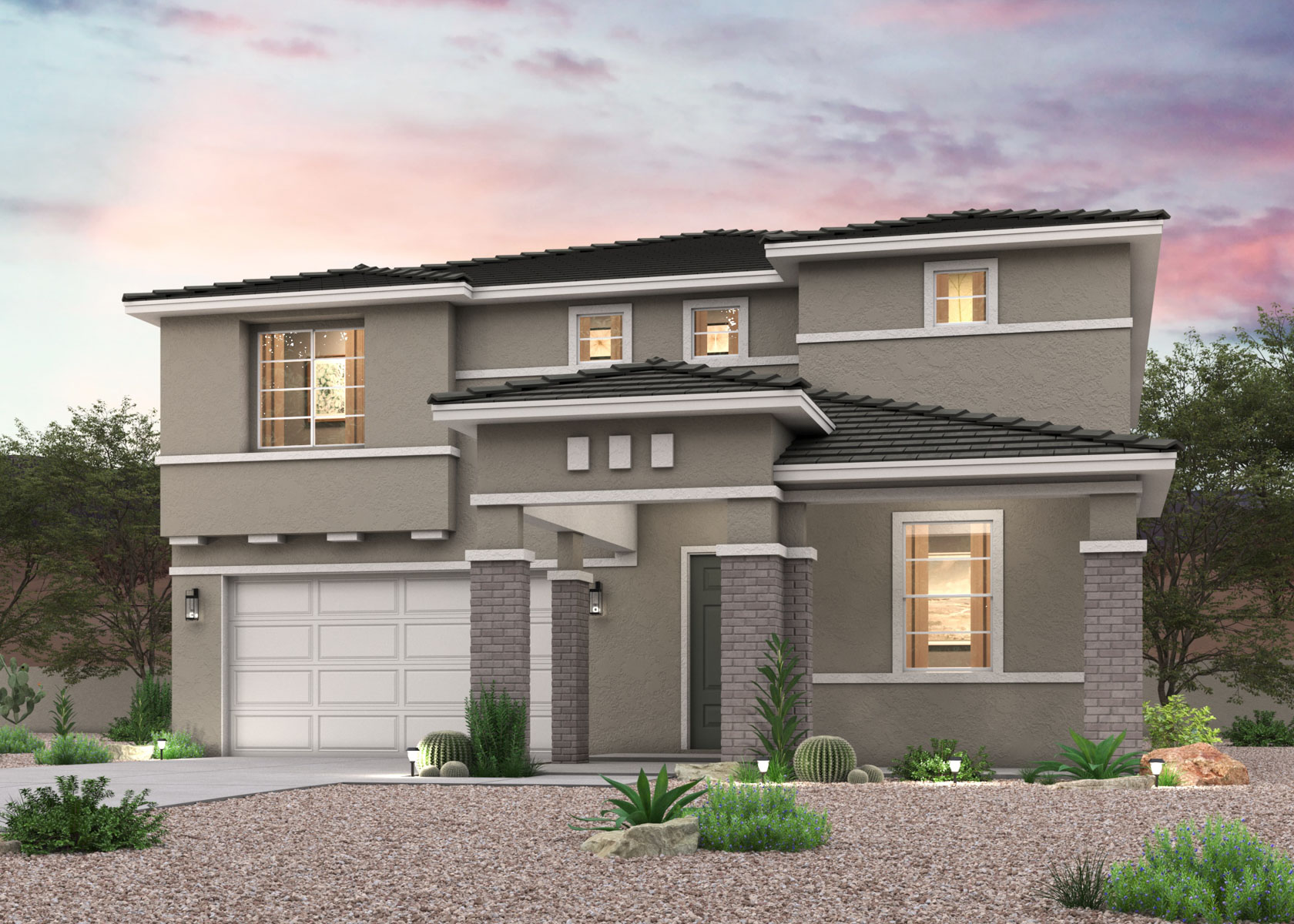 Twilight rendering of the front of a 2-Story home with 2 car garage in Surprise, AZ