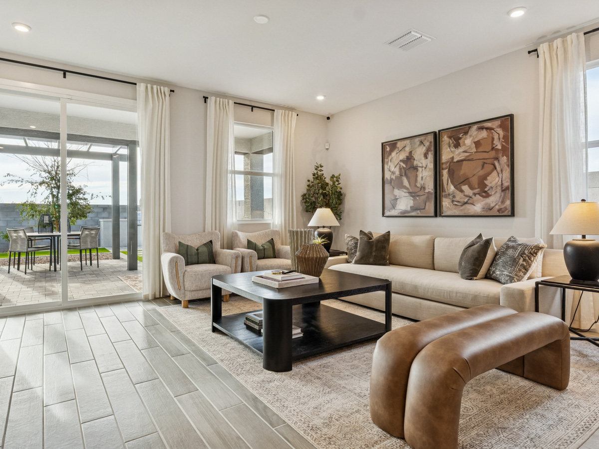 A living room with a large window.