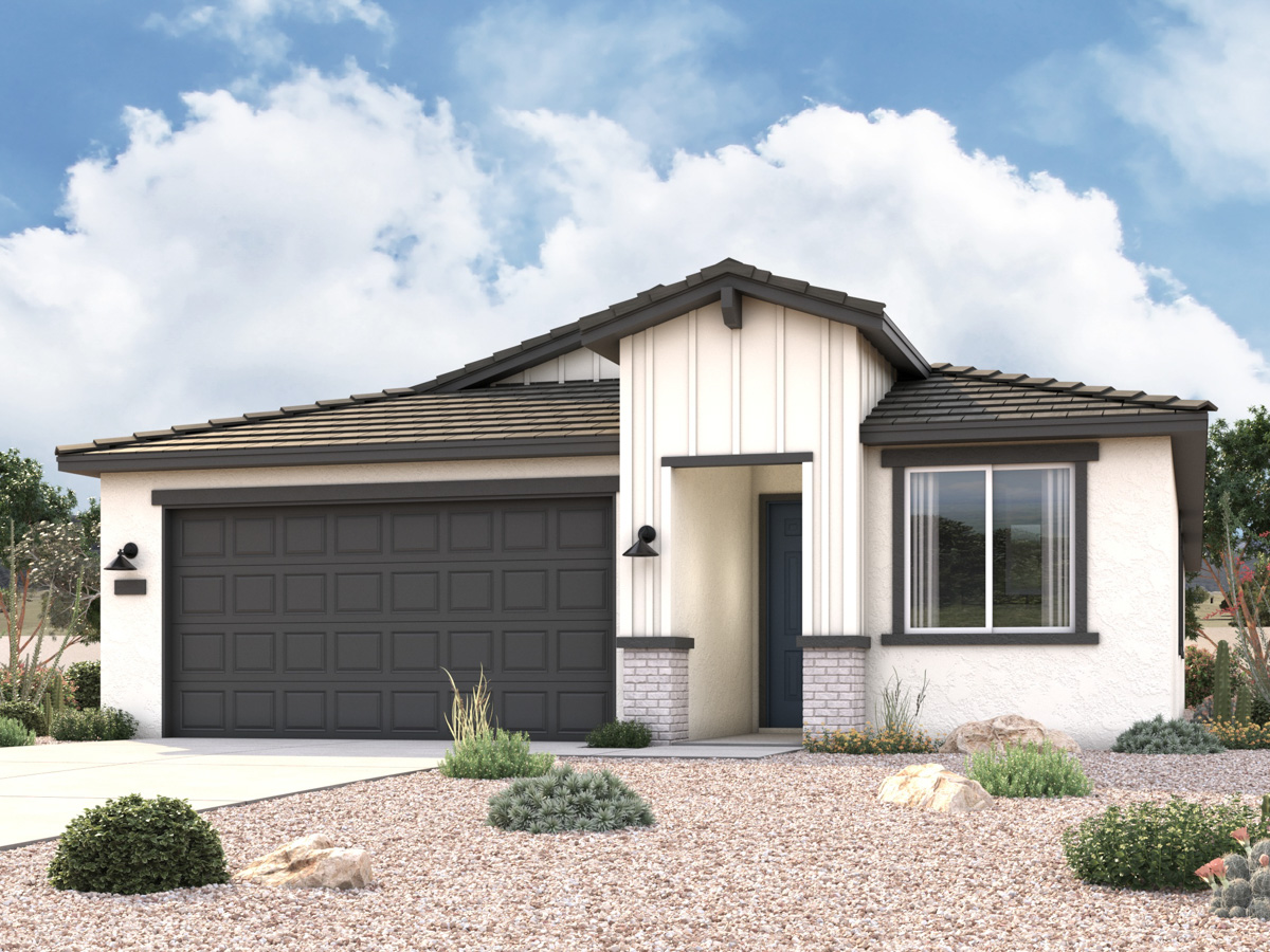 Rendering of front of new home for sale in San Tan, AZ with 2 car garage in the beautiful Skyline Village community with pool.