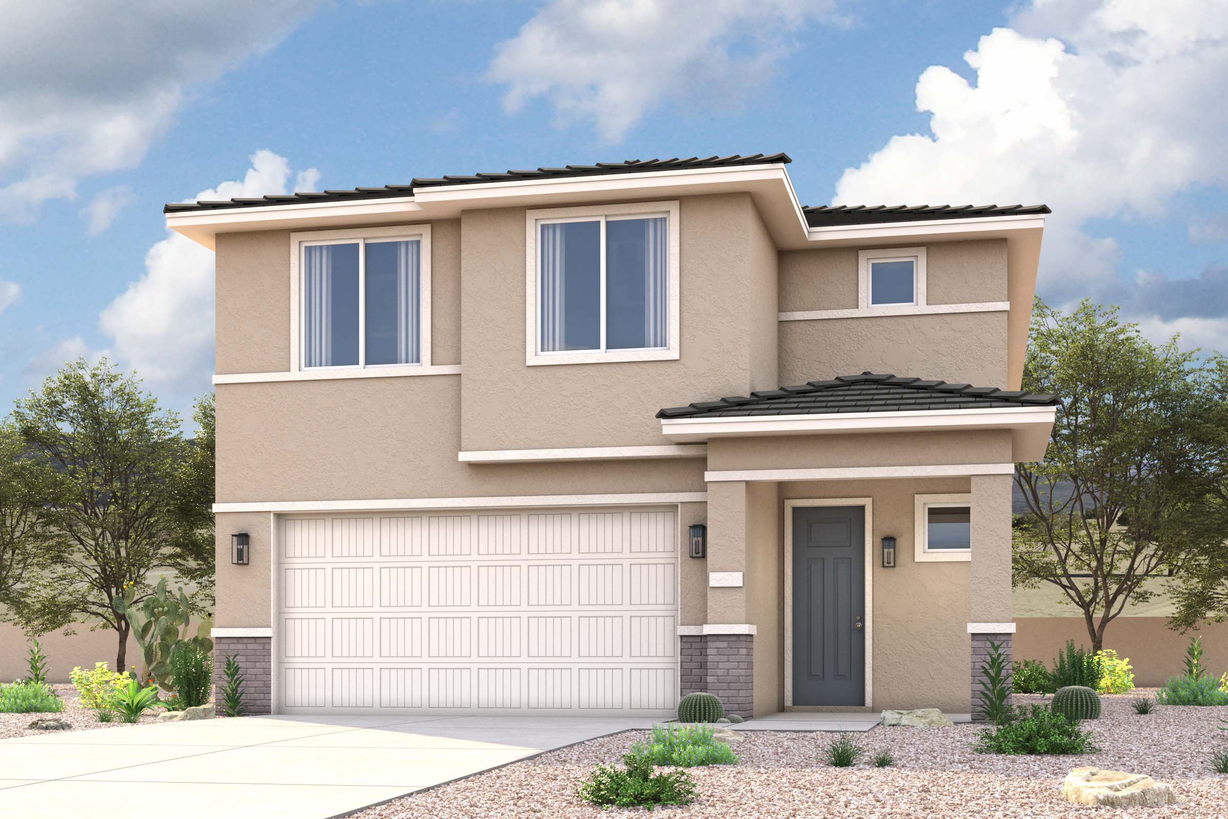 Rendering of front of new home for sale in San Tan Valley, AZ at Skyline Village the Highlands Collection by Century Communities with 2 car garage.