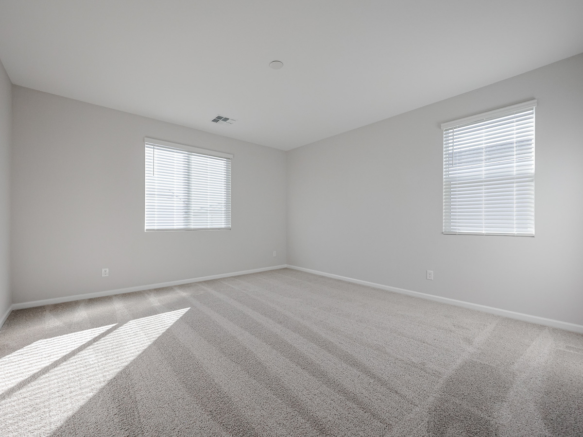 A room with a carpet and windows.