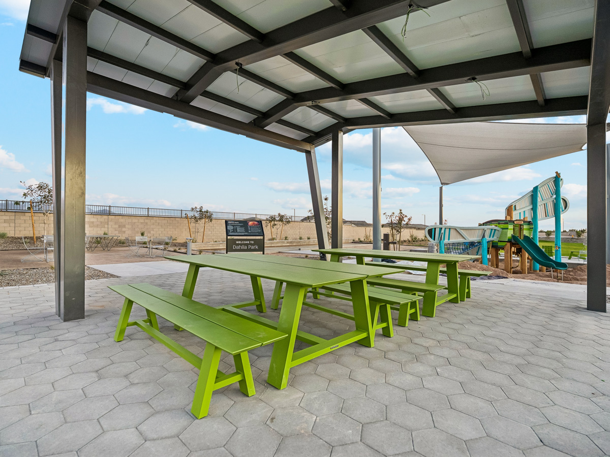 A group of green tables.
