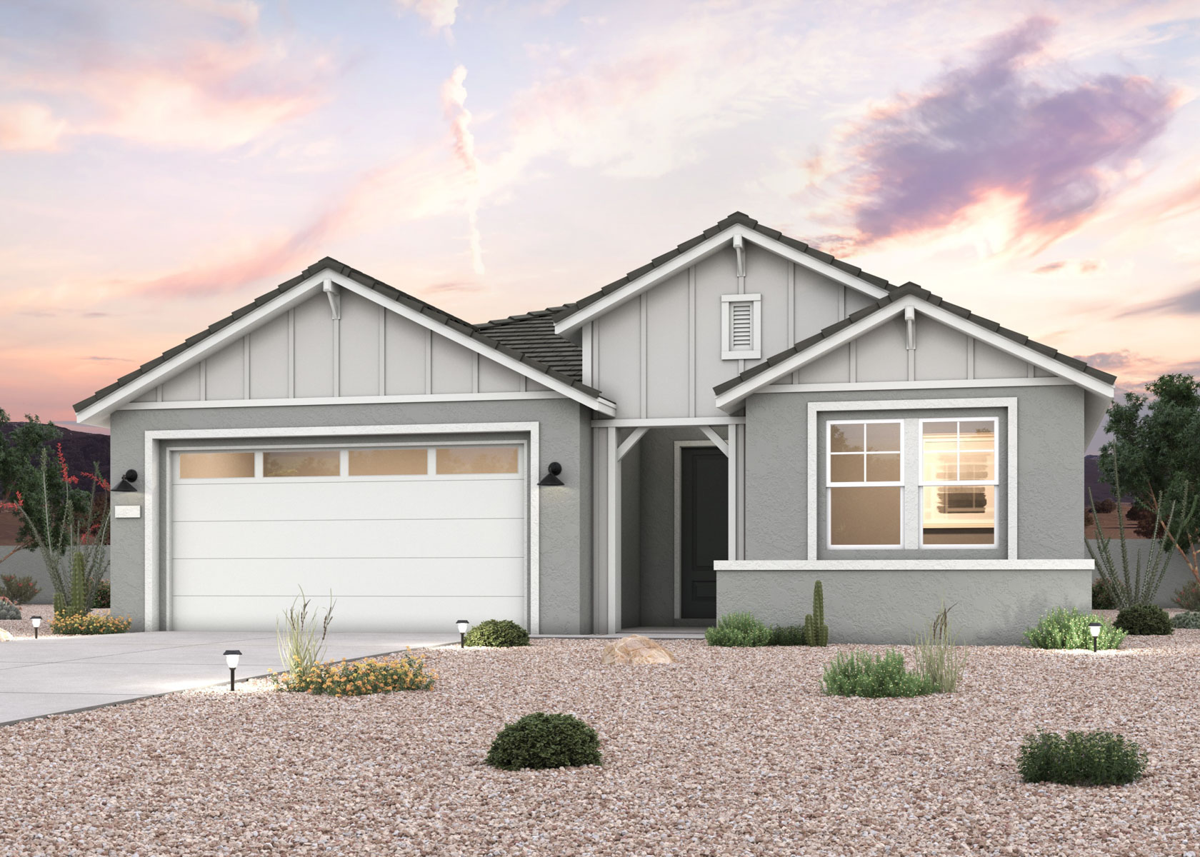 Twilight rendering of front of new home for sale in Buckeye, AZ with 2 car garage.