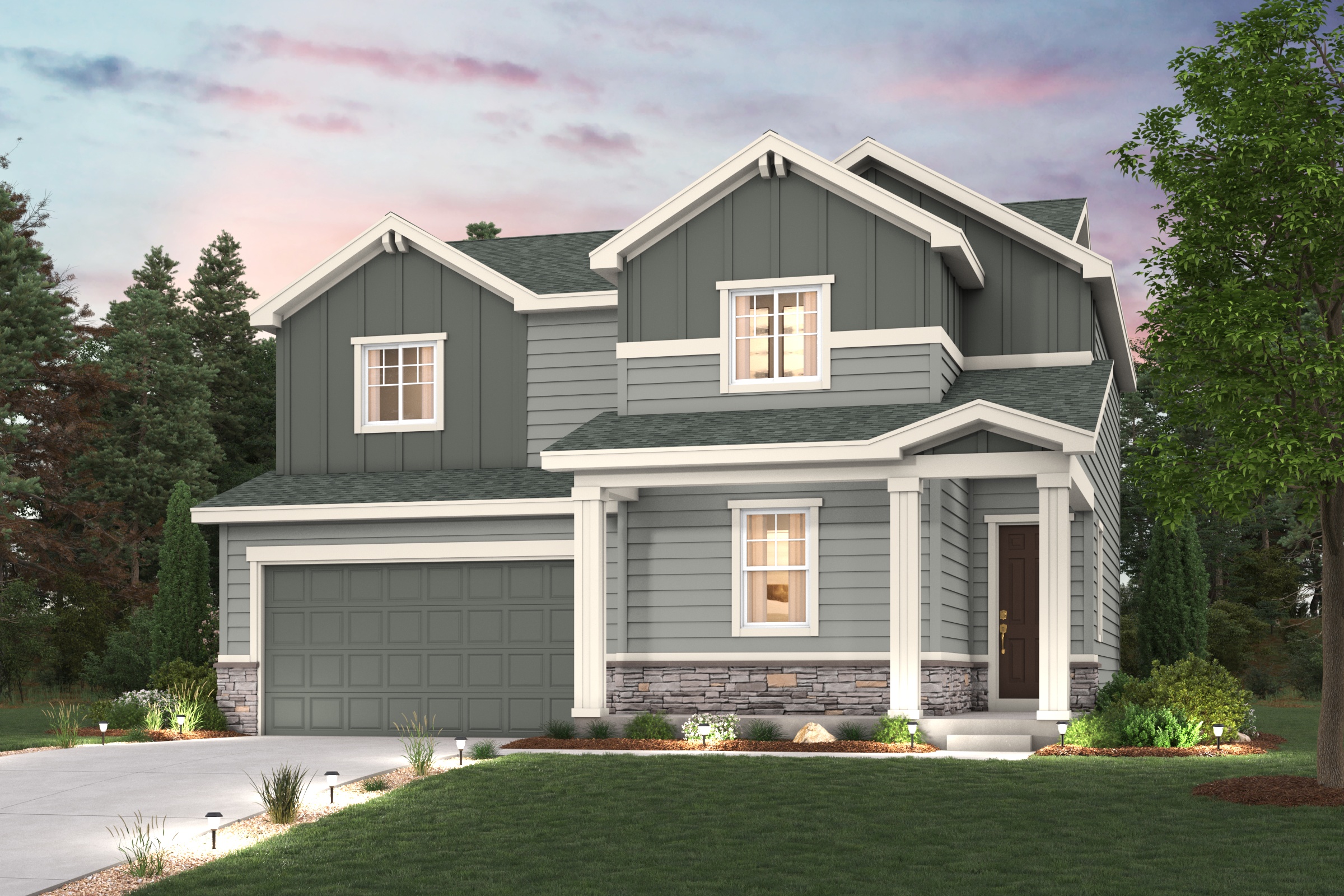 Powell Elevation C rendering image with home illustration with landscaping and driveway