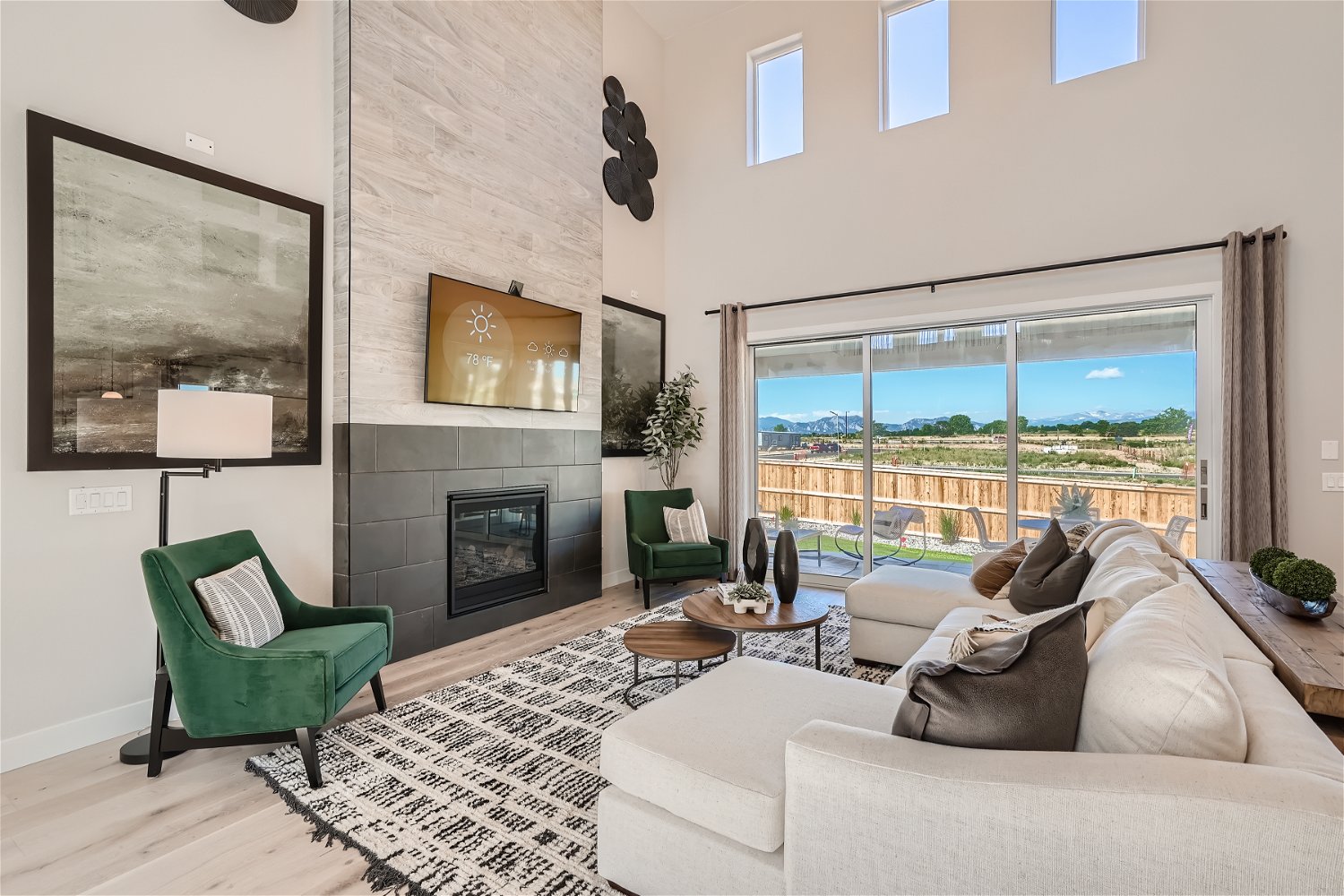 A living room with a fireplace.