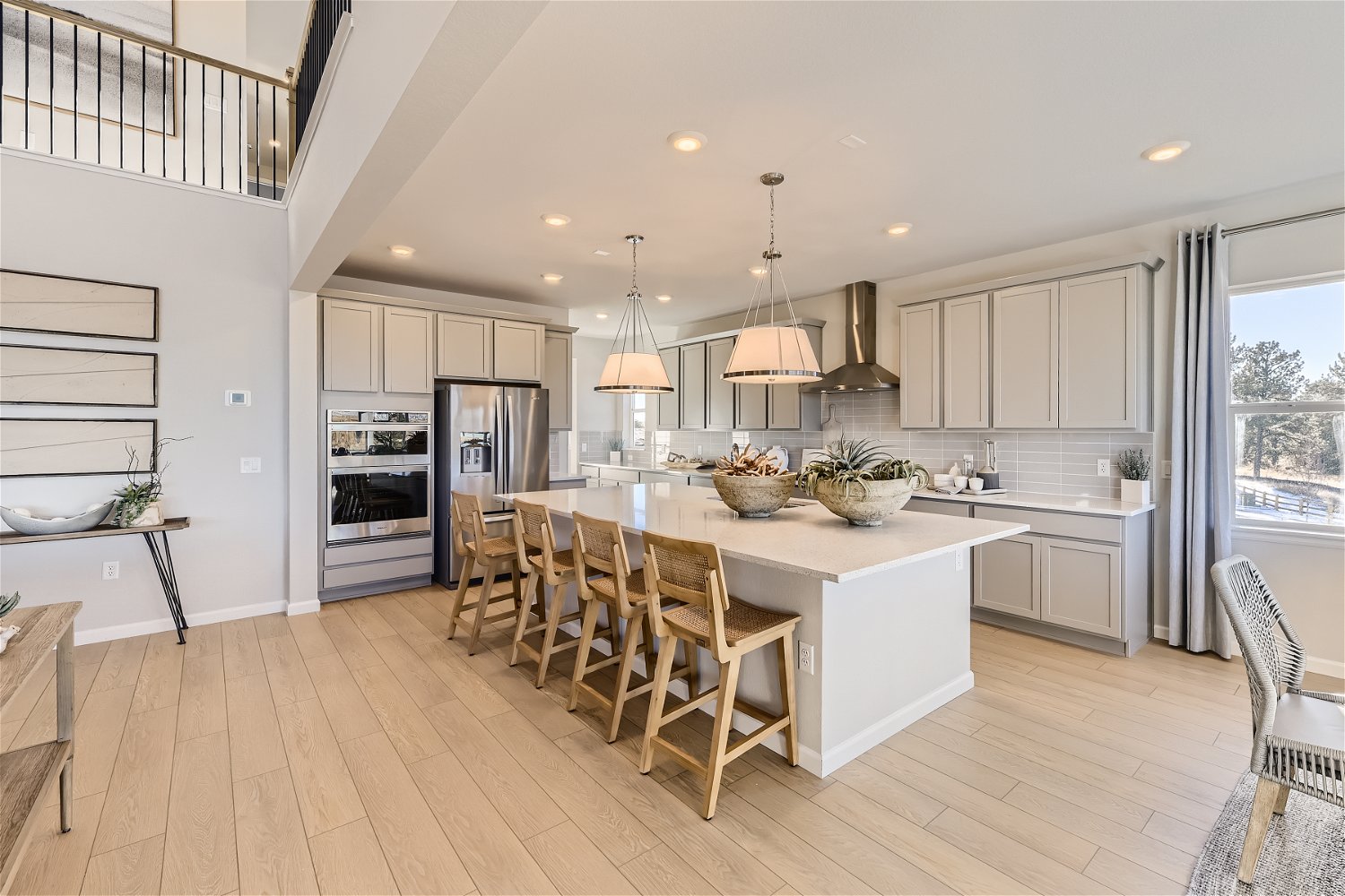 A kitchen with a large island.