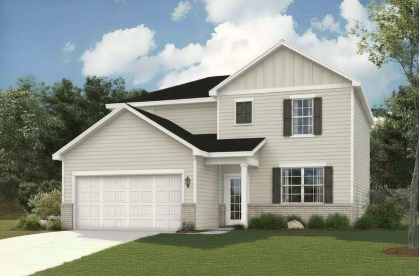 A white house with a garage.