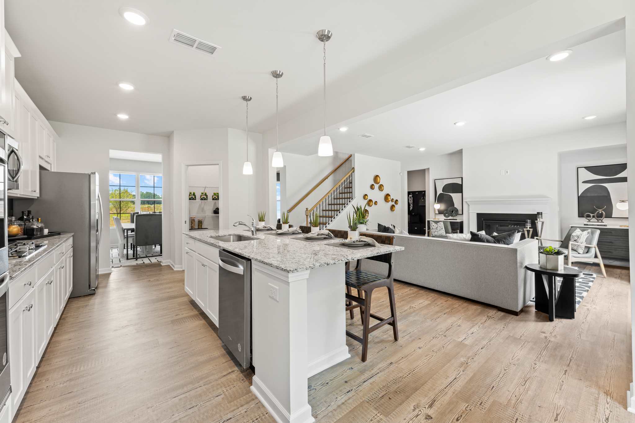 A kitchen with a large island.