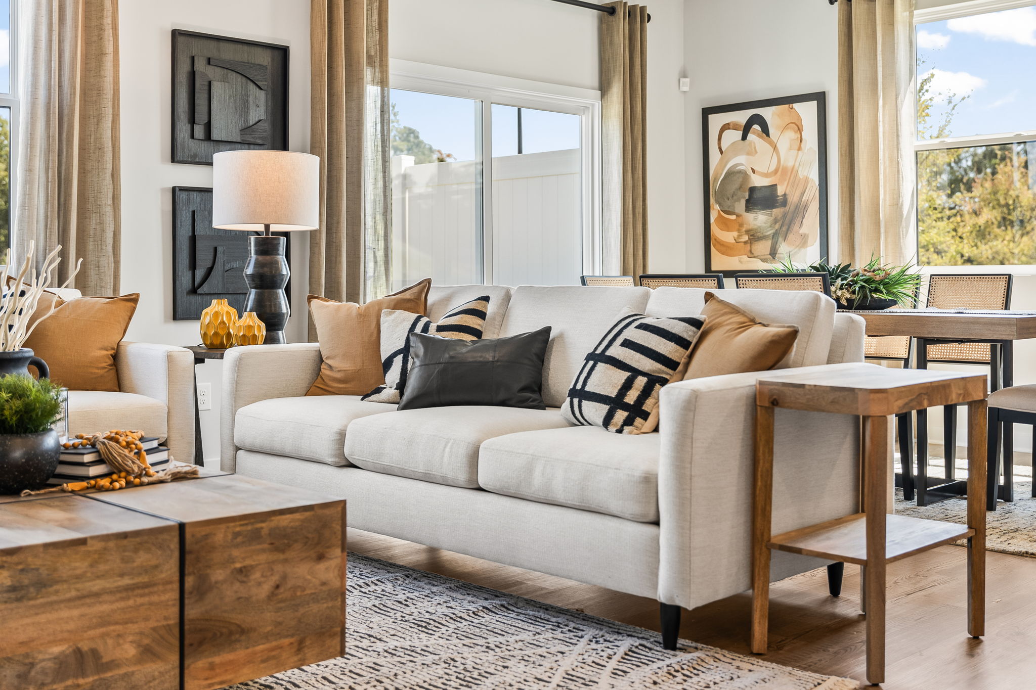 A living room with a couch and coffee table.