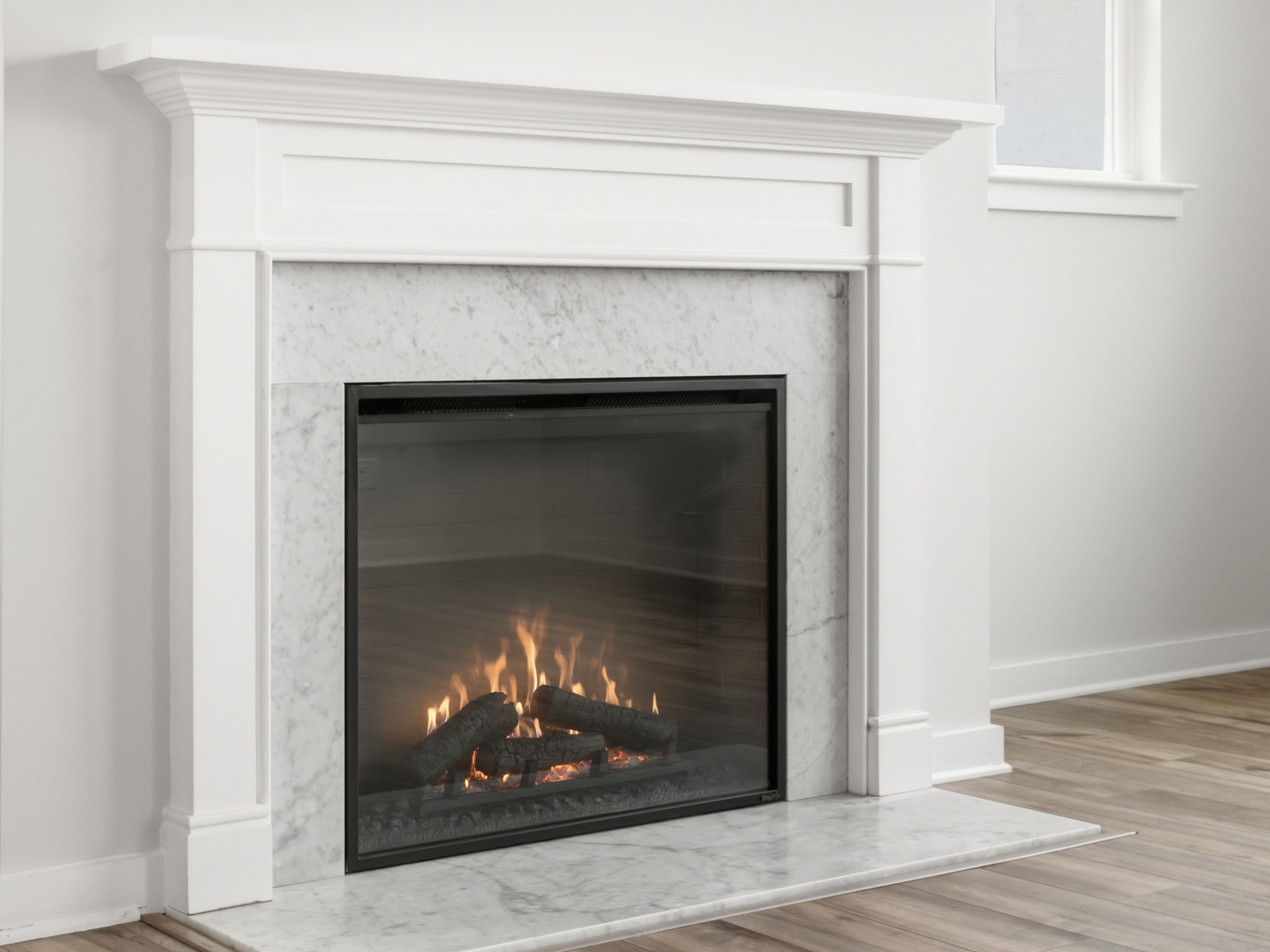 A fireplace in a room.