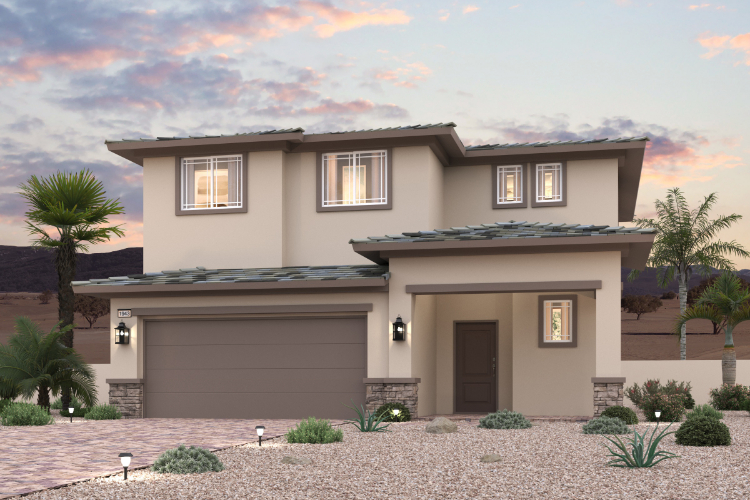 A house with a garage and palm trees.