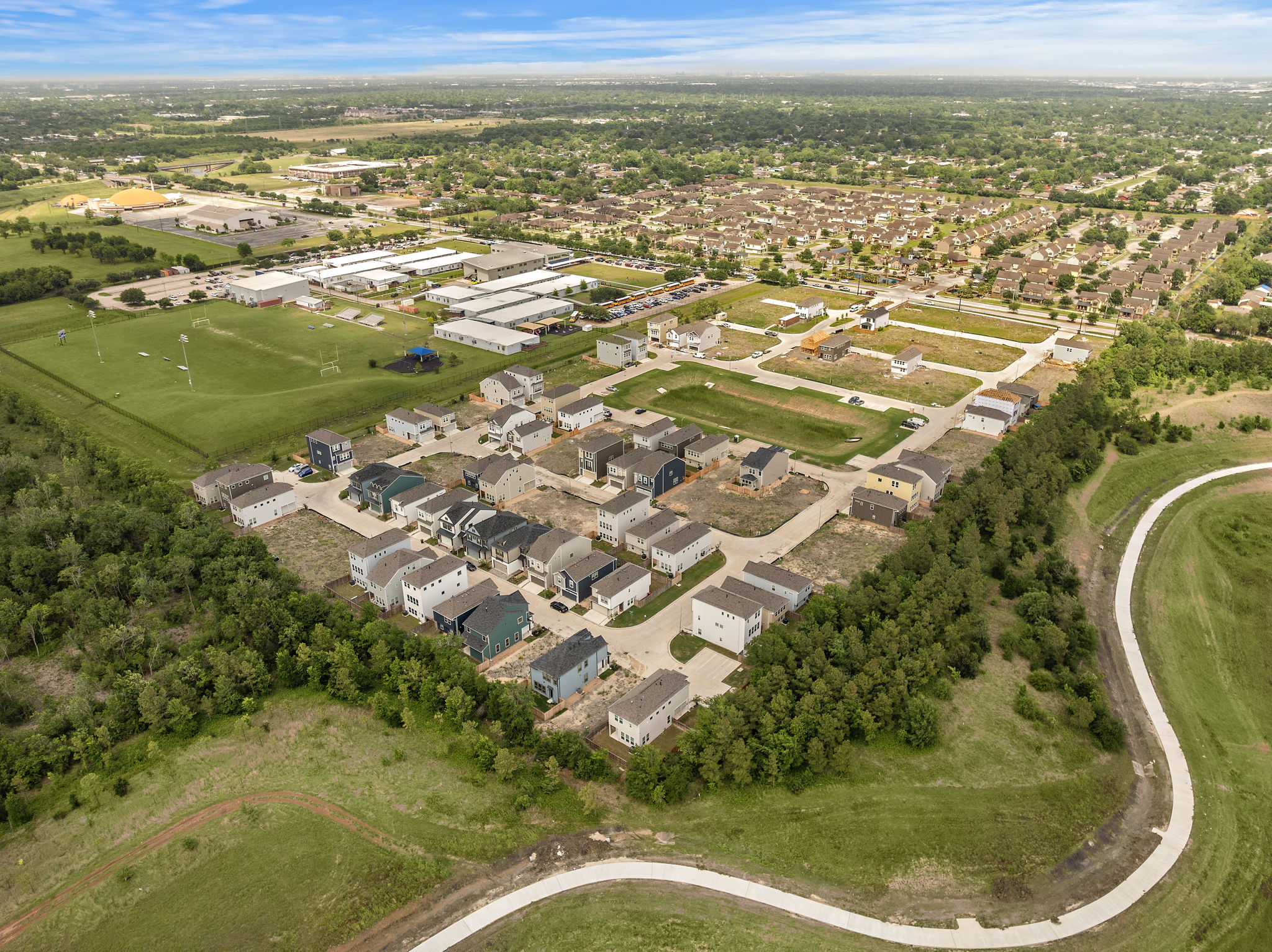 An aerial view of a town.