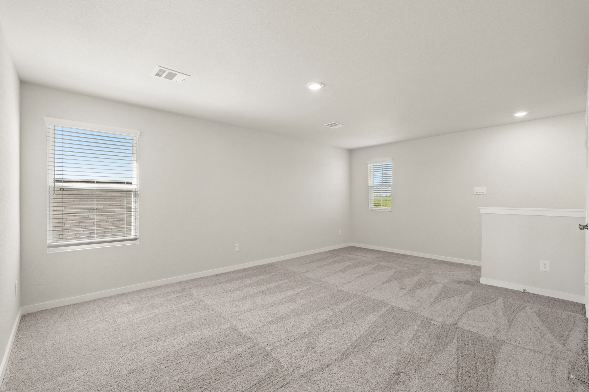 A room with a carpet and windows.