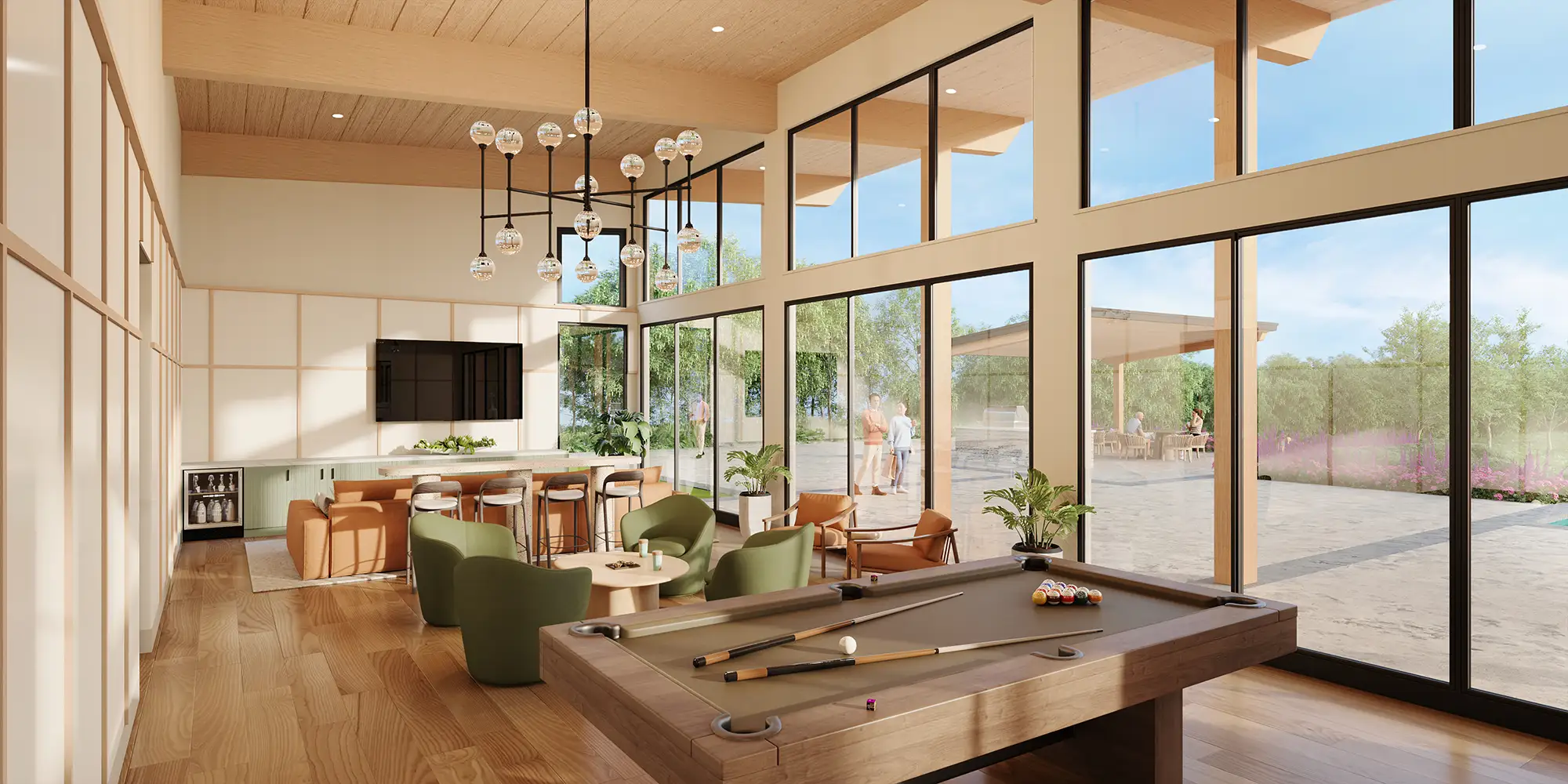 A room with a table and chairs.