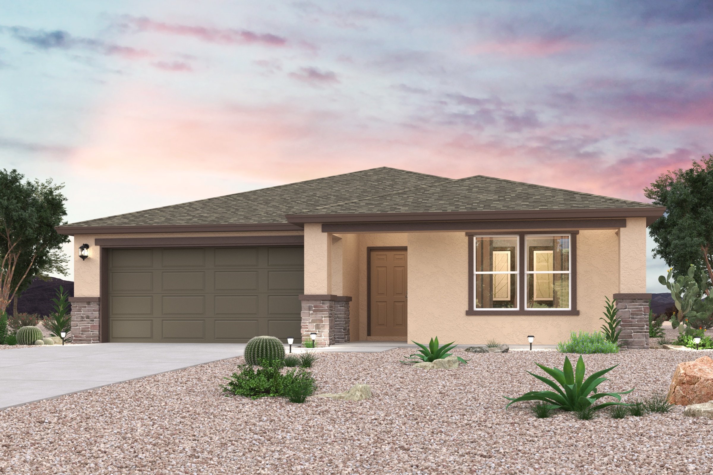 A house with a gravel driveway.