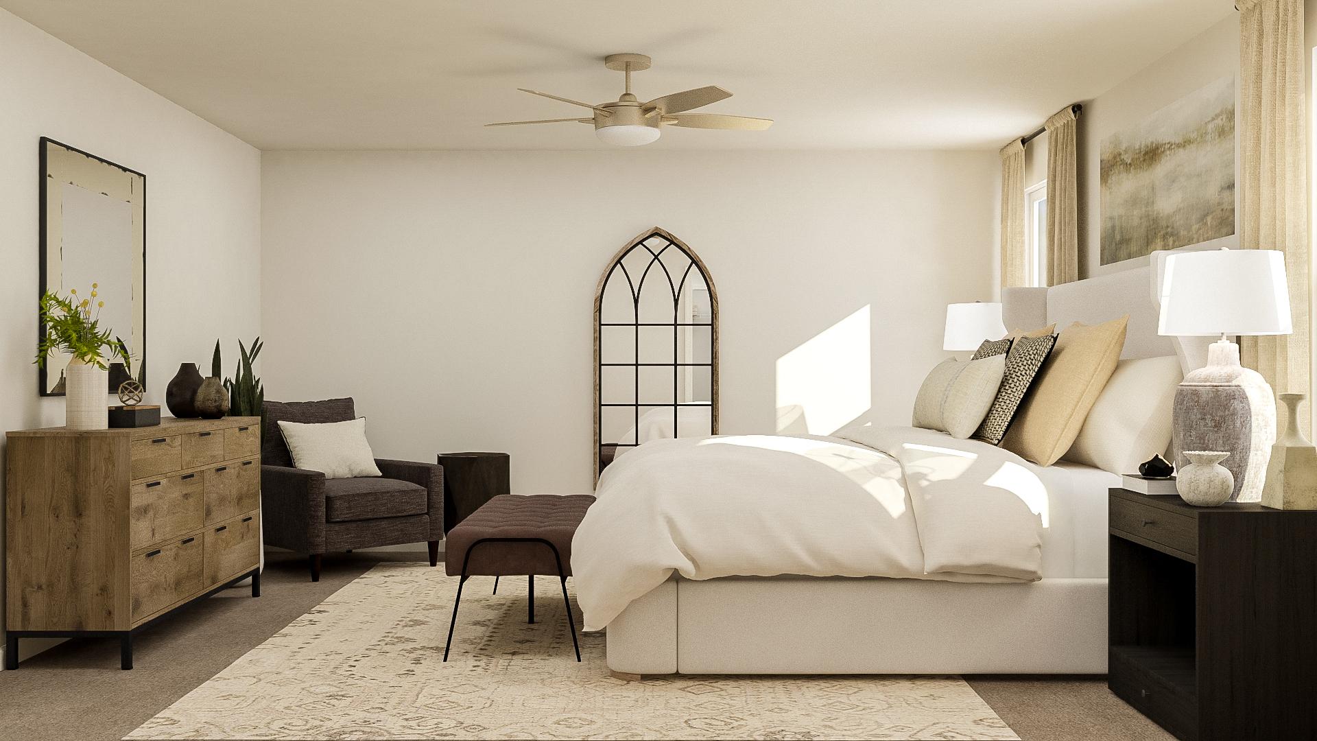 A large bedroom with a bed and a chair.