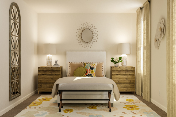 A bedroom with a bed and furniture.