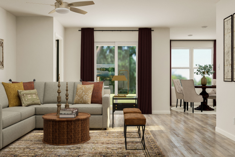 A living room with a couch and a table.